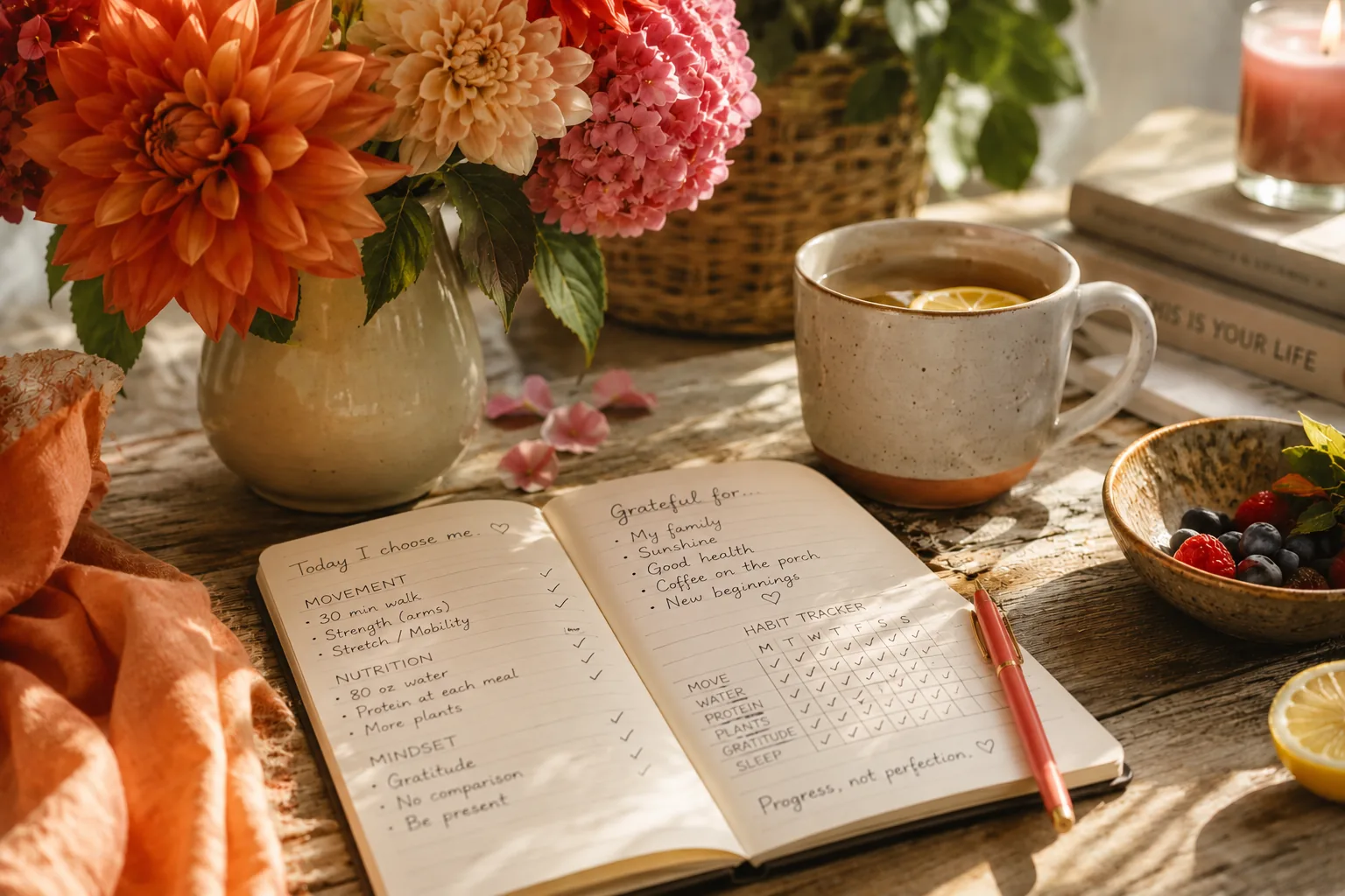 A sunlit journal open to a wellness and gratitude page reading 'Today I choose me', beside a cup of lemon tea, autumn dahlias and hydrangeas, and a bowl of fresh berries