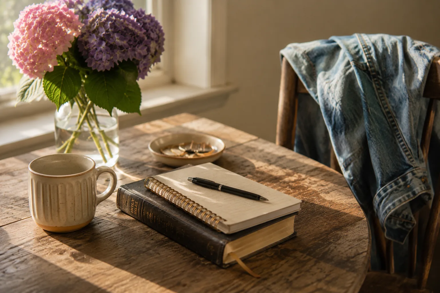 A quiet morning table with an open journal and pen atop a well-worn book, a warm mug, fresh hydrangeas, and a denim jacket draped over the chair in soft window light