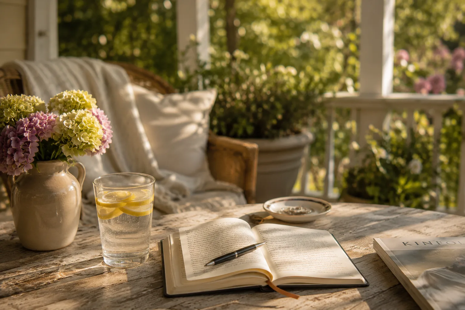 A sunlit porch table with a glass of lemon water, an open book, fresh berries, and flowers beside a wicker chair draped in a soft throw