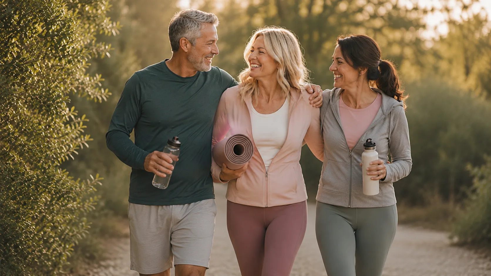 Three friends walking together outdoors with water bottles and a yoga mat, enjoying an active healthy lifestyle